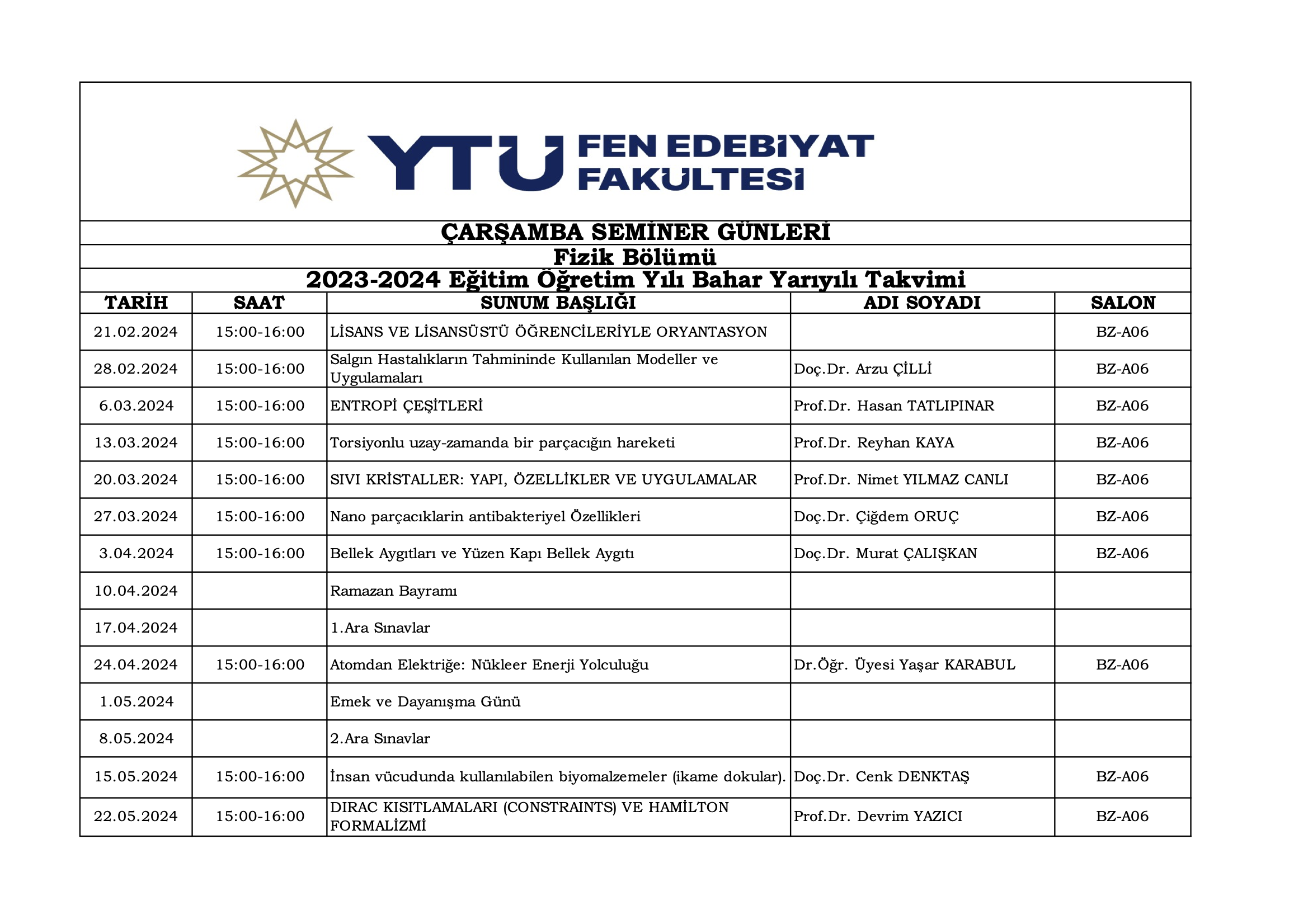 fizik seminer takvimi